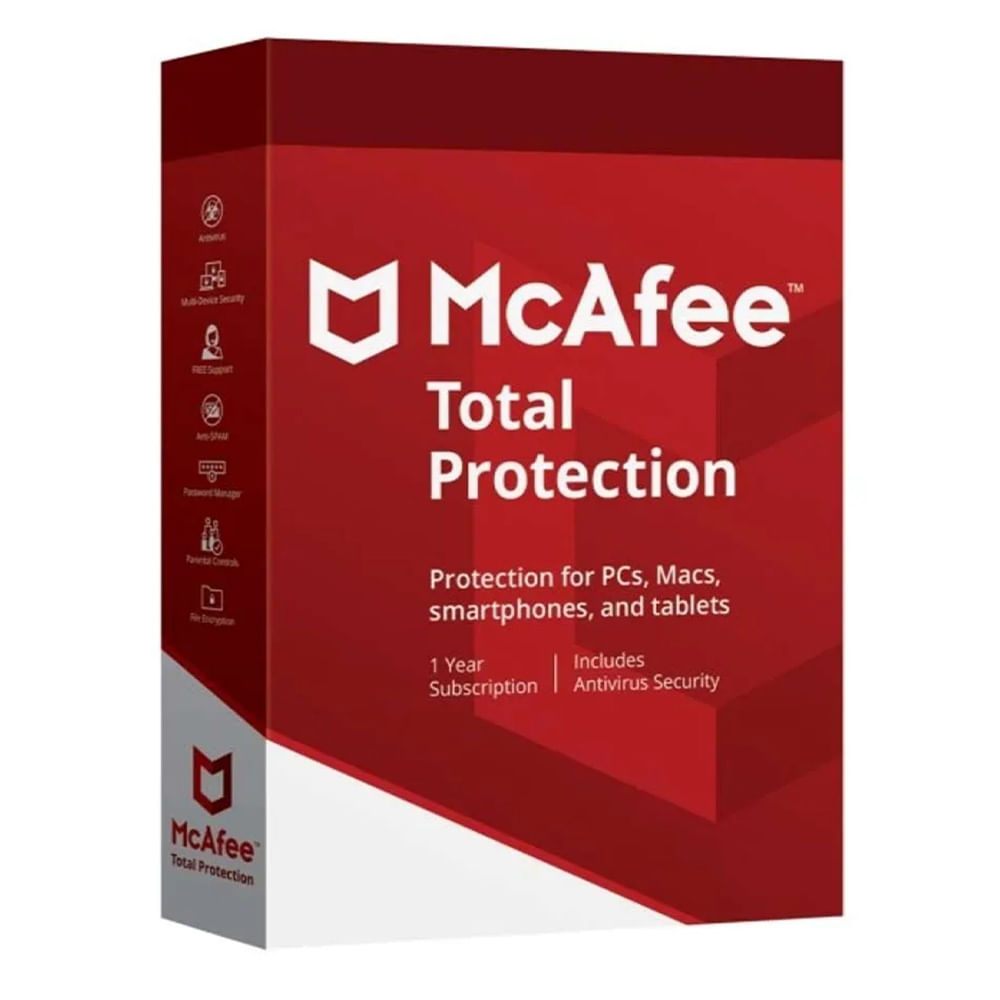 Antivirus McAfee Total Protection, licencia digital, 3 dispositivos, 1 año, seguridad completa Windows