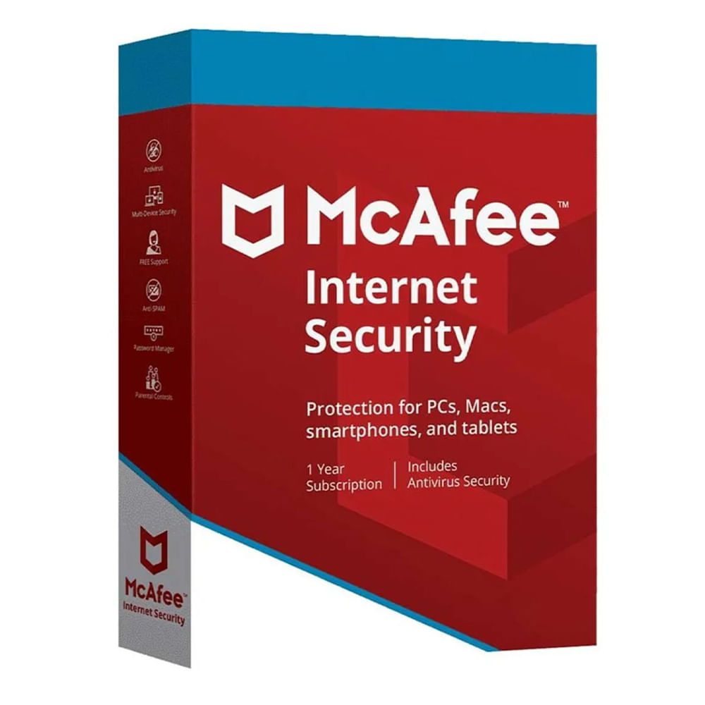 Antivirus McAfee Internet Security, licencia digital, 3 dispositivos, 1 año, protección esencial Windows
