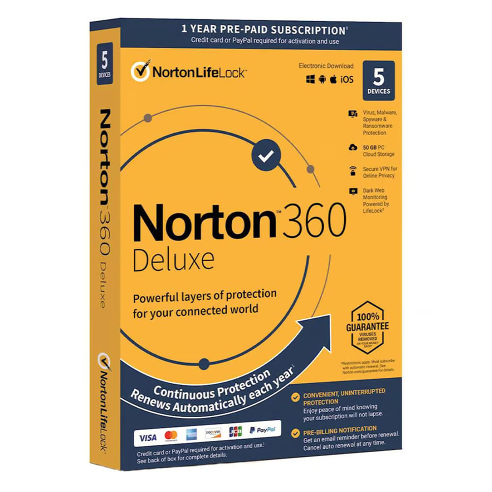 Antivirus Norton 360 Deluxe, licencia digital, 5 dispositivos, 1 año, protección total Windows