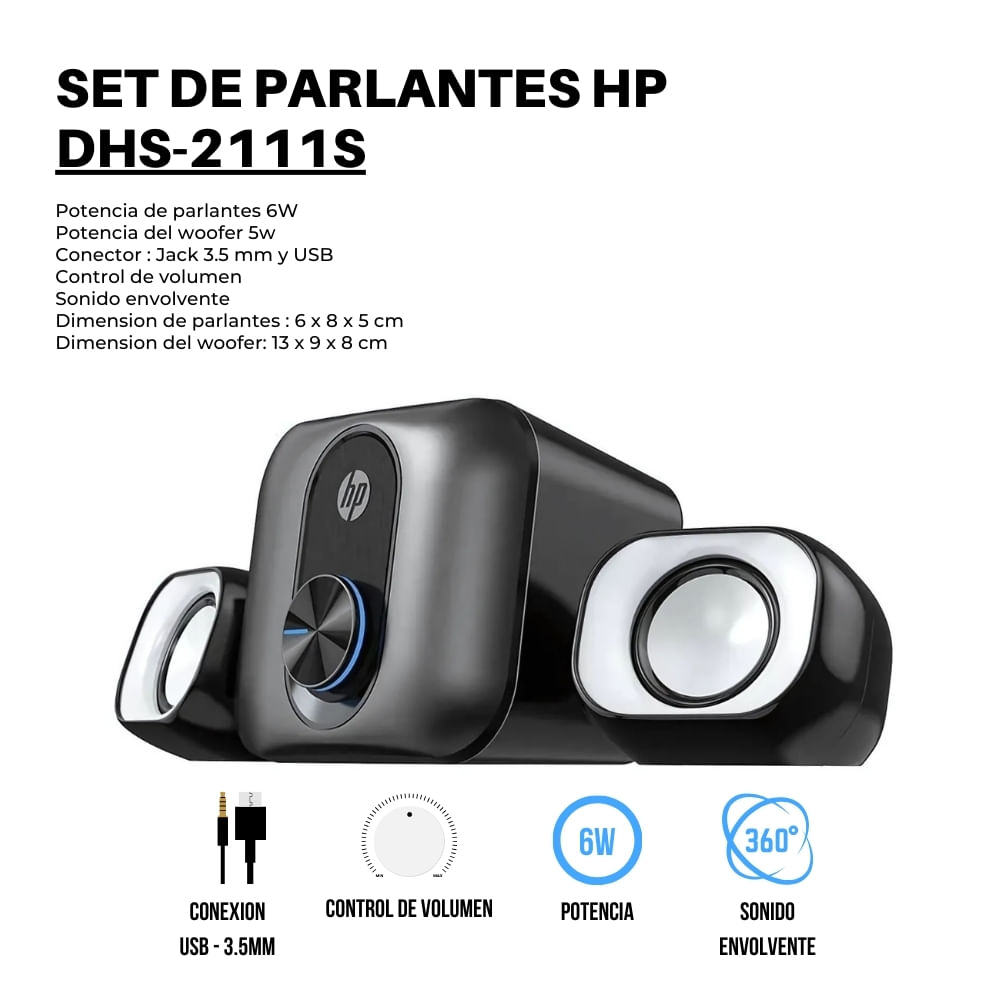 Imagen 2 del producto Set de parlantes HP DHS-2111S con Subwoofer 2.1, 11W, Jack 3.5mm y USB, control de volumen, negro
