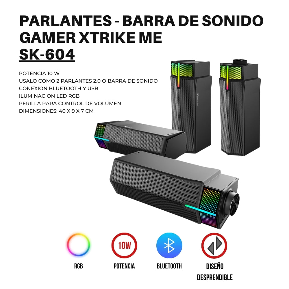 Imagen 2 del producto Parlante gamer Xtrike Me SK-604 bluetooth, transformables a Soundbar, RGB, 10W, USB, luces LED, negro