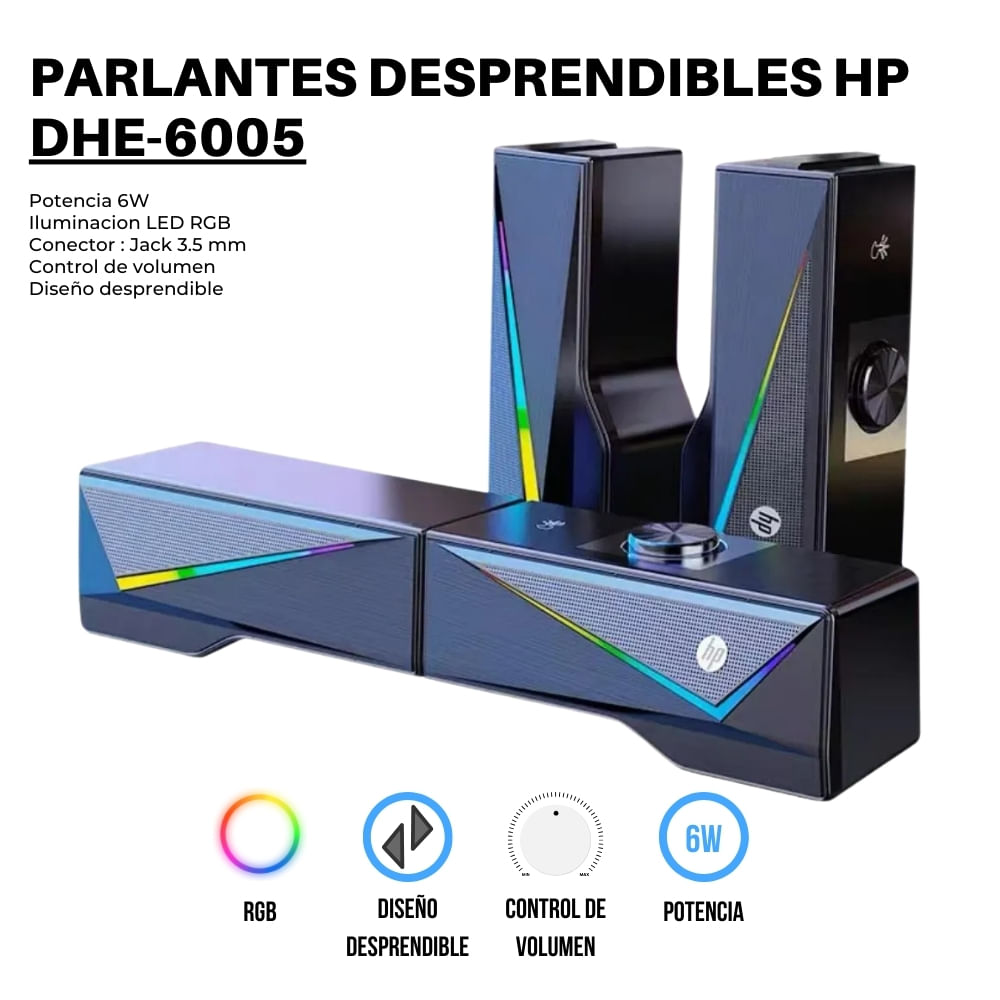 Imagen 2 del producto Parlantes Gamer HP DHE-6005 RGB 6W, desmontables, control táctil de luz, jack 3.5mm y USB, para PC y laptop