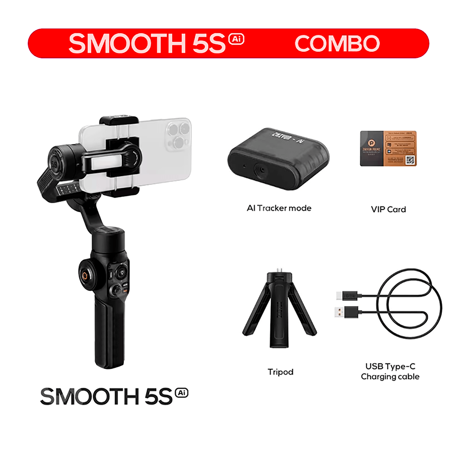 Imagen 2 del producto Estabilizador para celular Smooth 5S iA combo, rotación 360°, 3 ejes, capacidad 750 gr., 3000 mAh, 26 horas de batería, negro
