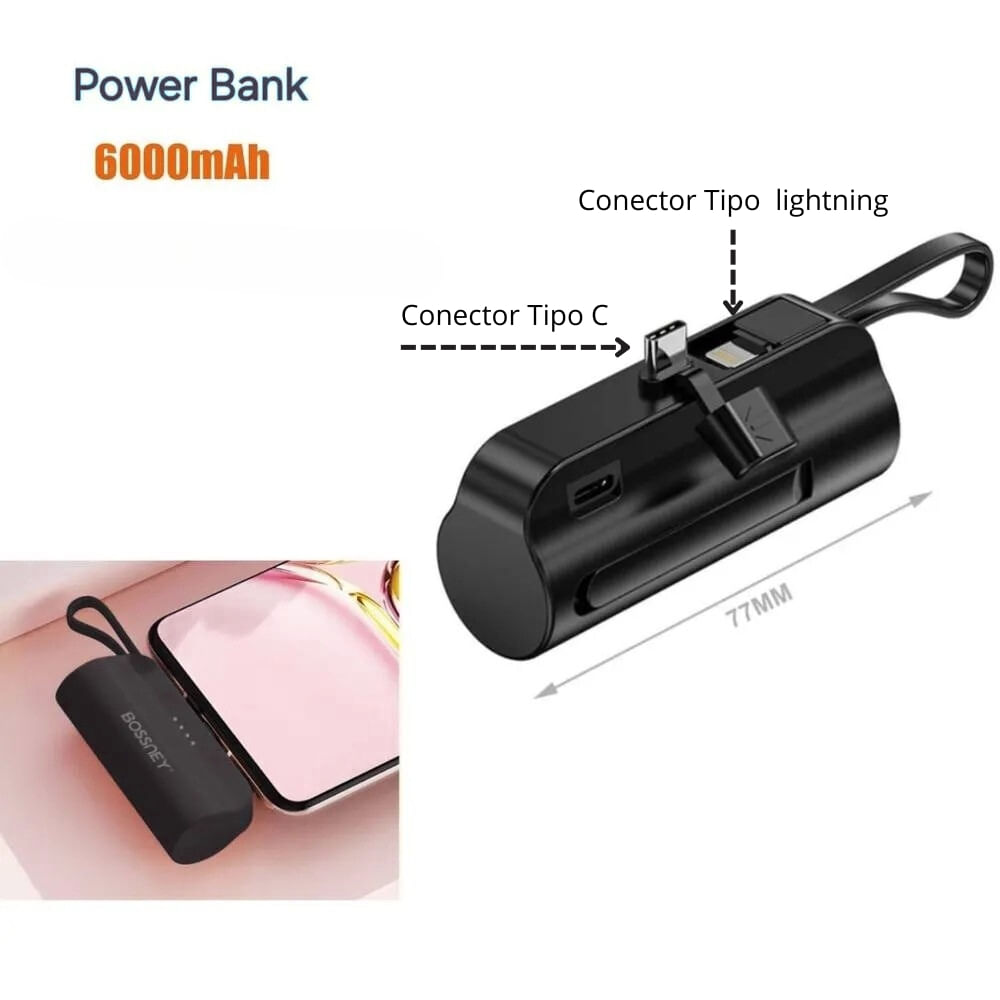 Imagen 2 del producto Power Bank Mini 6000mAh, conector Tipo C + cable Lightning, carga rápida 15W, portátil y duradero