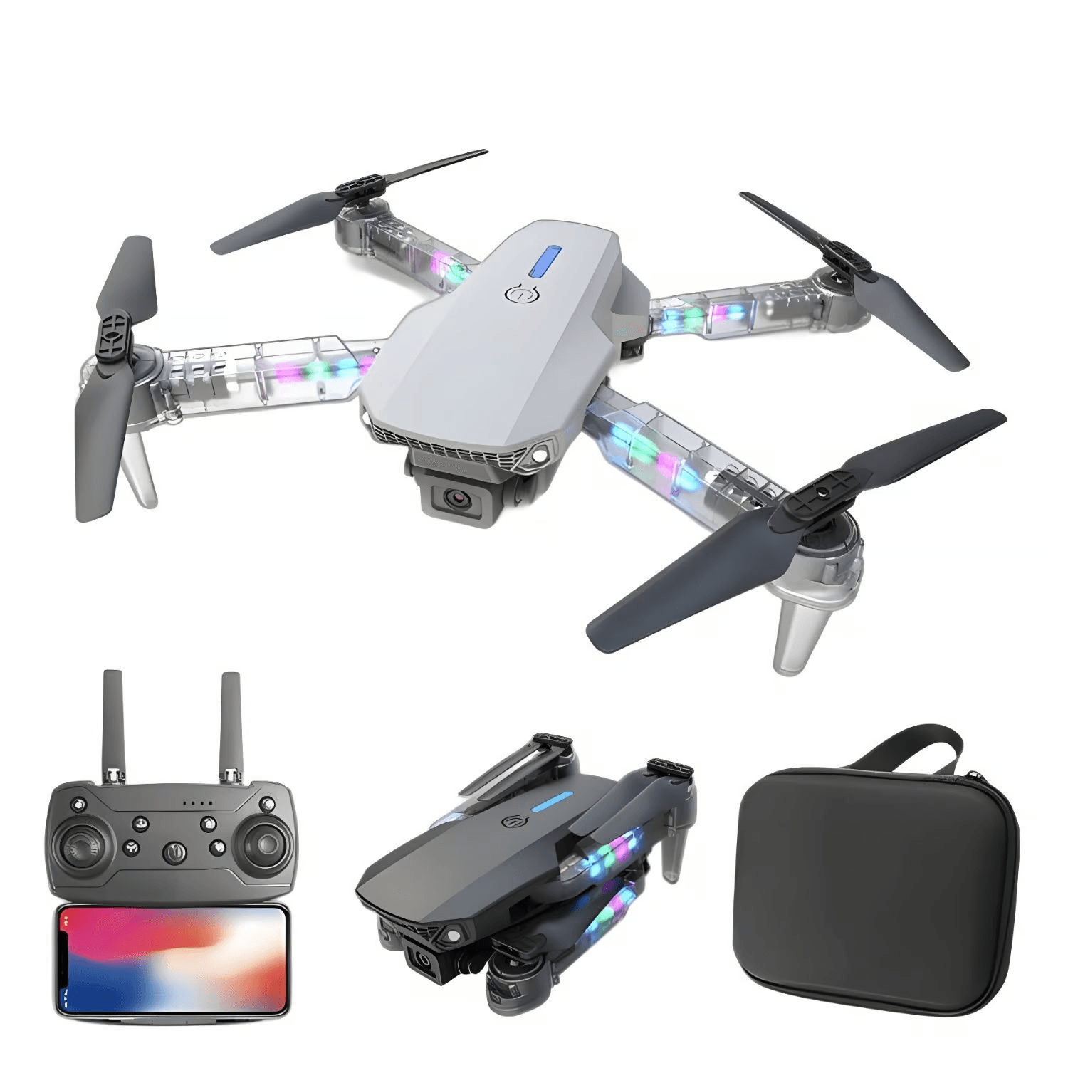 Imagen 1 del producto Drone E88D Max con doble cámara HD luz RGB, giroscopio de 6 ejes, 1800 mAh, blanco