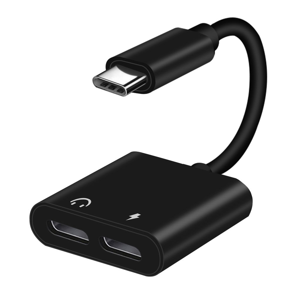 Adaptador 2 en 1 GMobile 2 entradas Tipo C hembra a Tipo C macho, cargar y conectar audífonos, negro