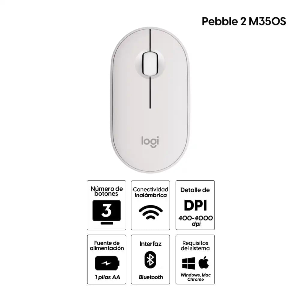 Imagen 2 del producto Reacondicionado: Mouse inalámbrico Logitech Pebble 2 M350S bluetooth, 1000 dpi, 3 botones, usa pila, blanco