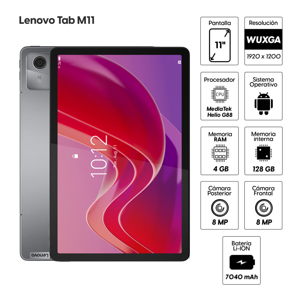 Imagen 2 del producto Reacondicionado: Tablet Lenovo Tab M11 11"" 128GB, 4GB RAM, cámara principal 8MP y frontal 8MP, 7040 mAh, MediaTek Helio G88, gris + Folio + Pen