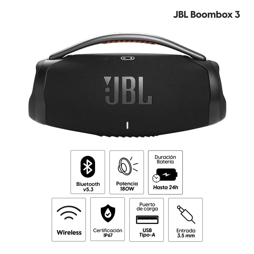 Imagen 2 del producto Parlante bluetooth JBL Boombox 3 potencia 180W, resistente al agua IP67, hasta 24 horas de reproducción, negro (reempacado)