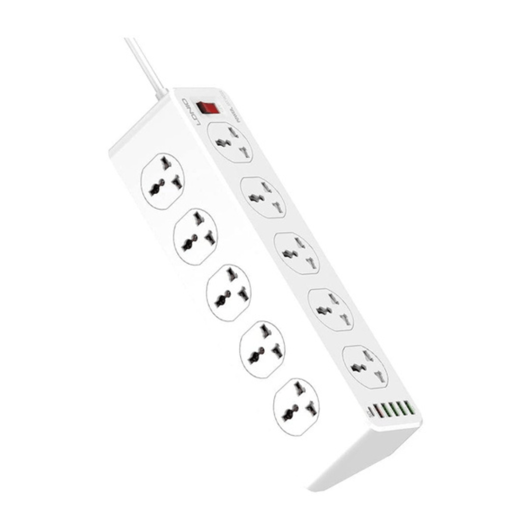 Extensión toma corriente LDNIO SC10610, 10 tomas universales, 6 USB, USB-C QC 3.0, 2500W, cable 2m, protección múltiple