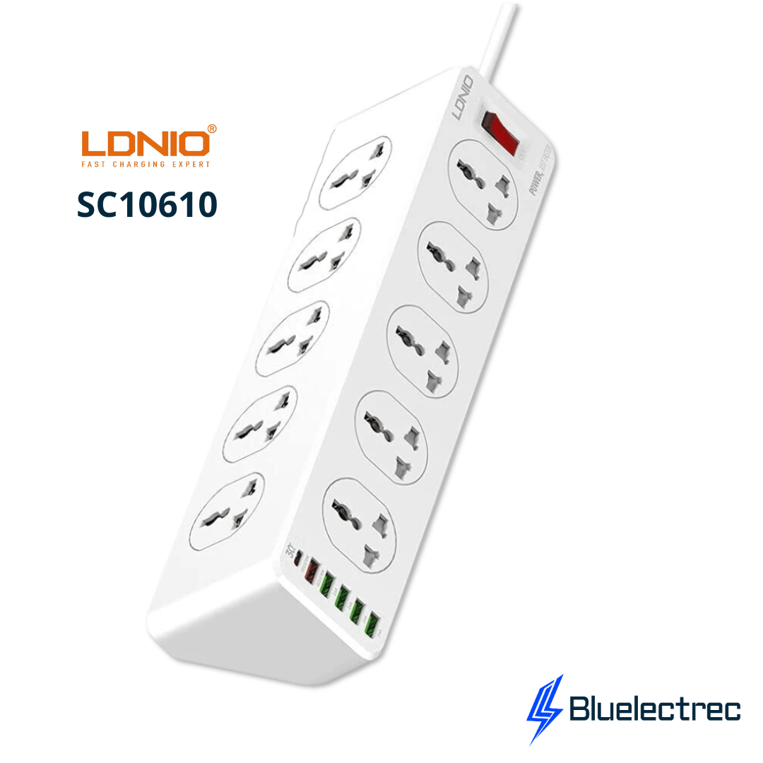 Imagen 2 del producto Extensión toma corriente LDNIO SC10610, 10 tomas universales, 6 USB, USB-C QC 3.0, 2500W, cable 2m, protección múltiple