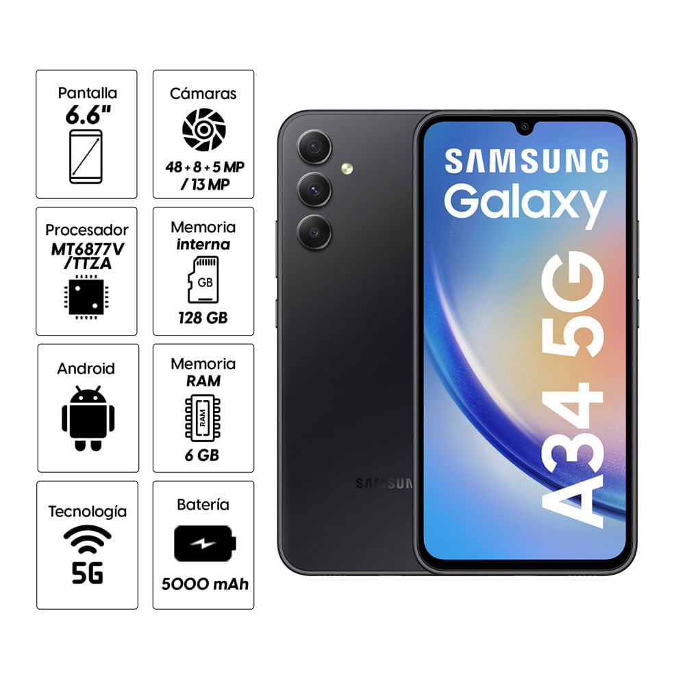 Imagen 2 del producto Celular Samsung Galaxy A34 5G 128GB, 6GB RAM, cámara trasera 48 MP y cámara frontal 13MP, 6.6"", negro (reempacado)
