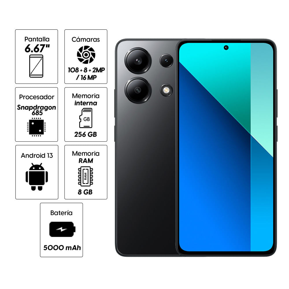Imagen 2 del producto Reacondicionado: Celular Xiaomi Redmi Note 13 4G 256GB, 8GB RAM, cámara trasera 108MP y frontal 16MP, 6.67"", negro