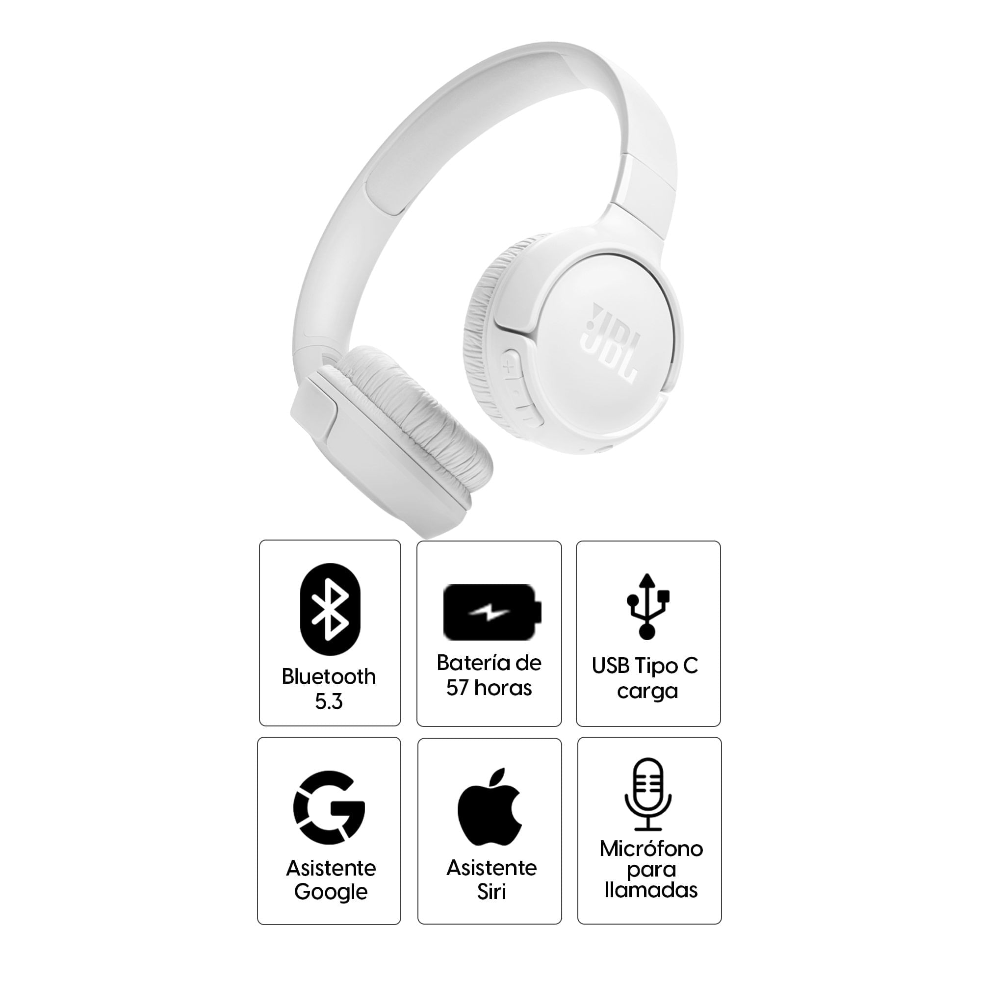 Imagen 2 del producto Audífonos bluetooth on ear JBL T520 Pure Bass máx. 57 horas, control de música y llamadas, blanco (reempacado)