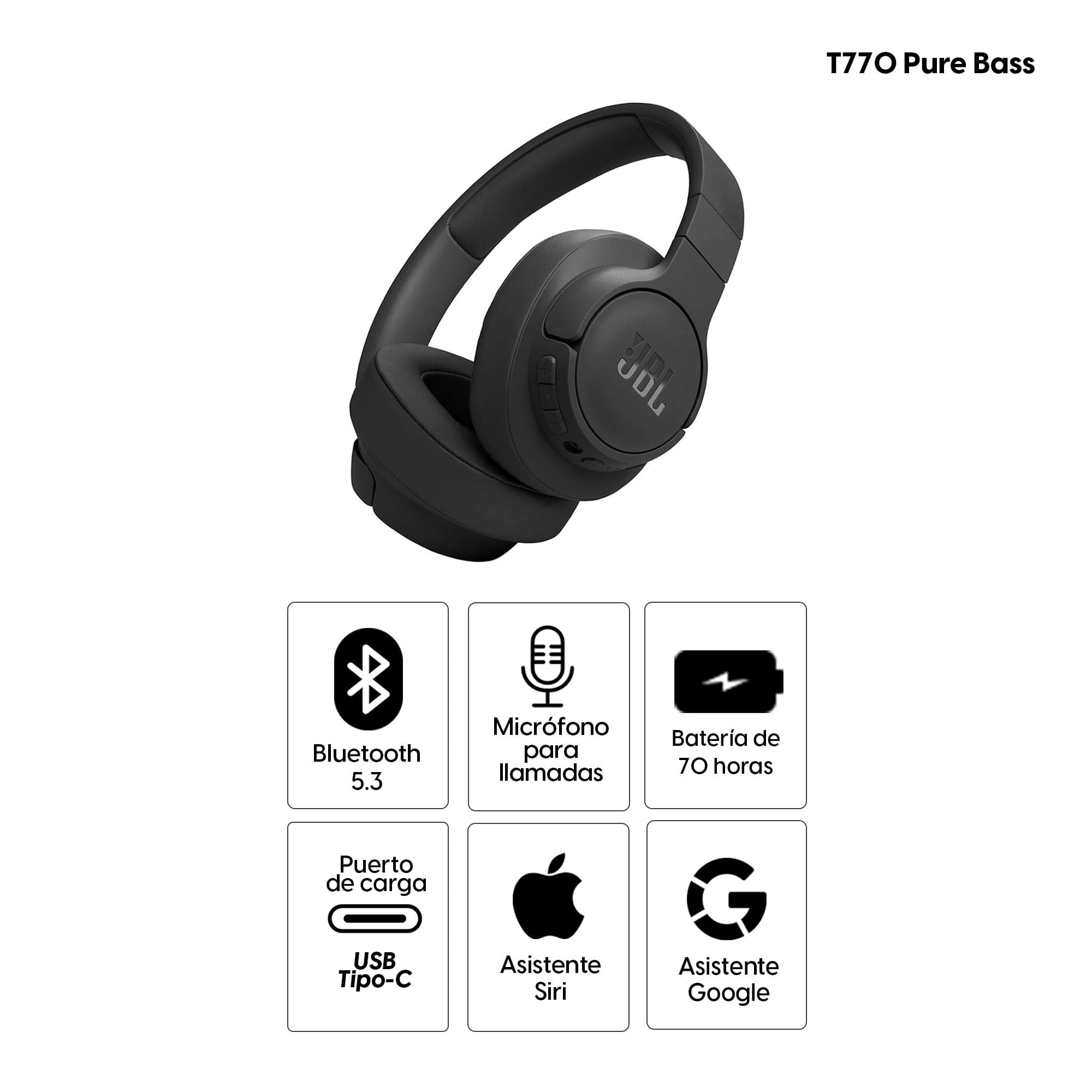 Imagen 2 del producto Audífonos con cancelación de ruido JBL T770 Pure Bass micrófono incorporado, máx. 70 horas, control de música y llamadas, negro (reempacado)