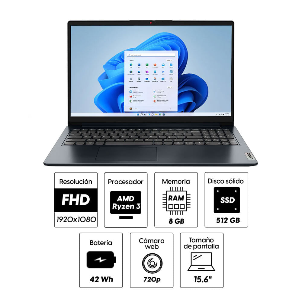 Imagen 2 del producto Reacondicionado: Laptop Lenovo IdeaPad 1 15.6"" AMD Ryzen 3 7320U, 512GB SSD, 8GB RAM, Radeon, Win11, negro