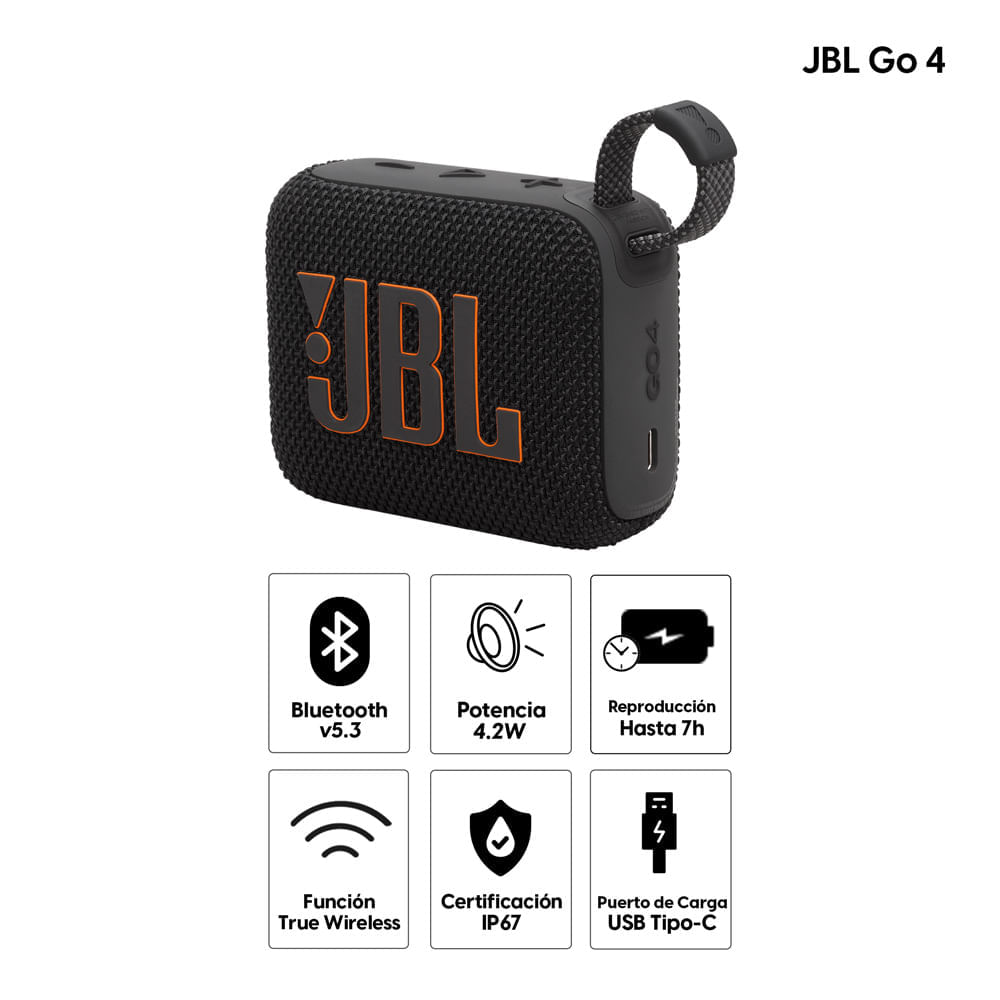 Imagen 2 del producto Parlante bluetooth JBL Go 4 potencia 4.2W, resistente al agua IP67, hasta 7 horas de reproducción, puerto de carga USB Tipo-C, negro (reempacado)