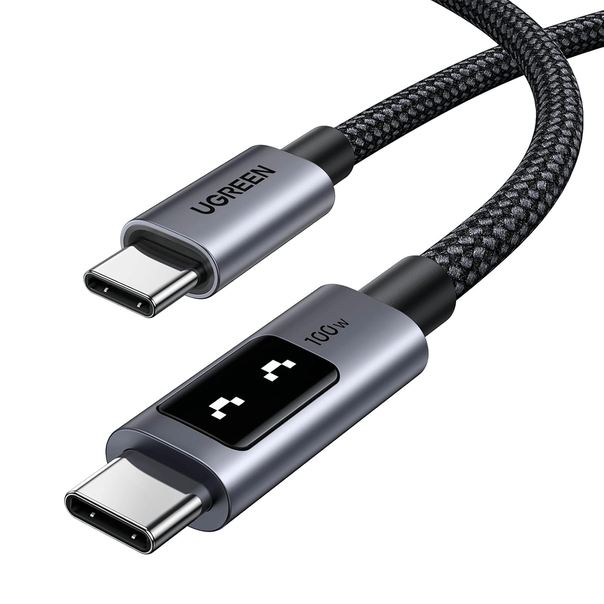Cable USB-C a USB-C Ugreen L509, 100W, carga rápida, pantalla LED, nylon trenzado, 480 Mbps, negro