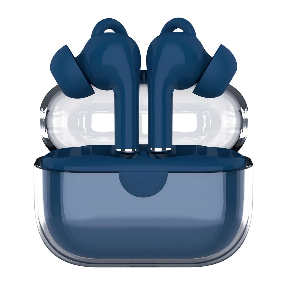 Audífonos bluetooth True Wireless Decibel Crystal Pods resistente IPX4 duración máx. 24 horas con estuche de carga música y lamadas, azul + Accesorios