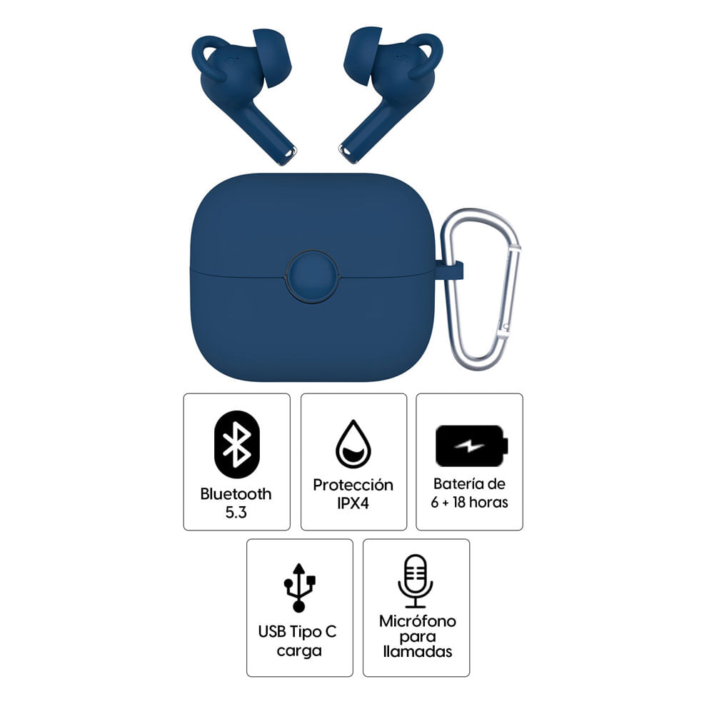 Imagen 2 del producto Audífonos bluetooth True Wireless Decibel Crystal Pods resistente IPX4 duración máx. 24 horas con estuche de carga música y llamadas, azul + Accesorio
