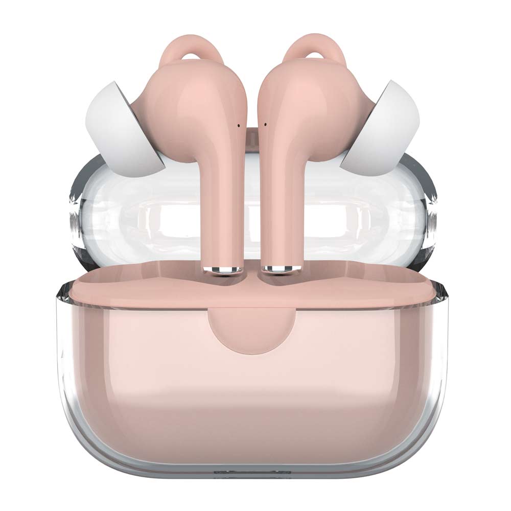 Audífonos bluetooth True Wireless Decibel Crystal Pods resistente IPX4 duración máx 24 horas con estuche de carga música y lamadas rosado + Accesorios