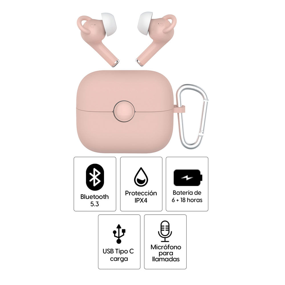 Imagen 2 del producto Audífonos bluetooth True Wireless Decibel Crystal Pods resistente IPX4 duración máx 24 horas con estuche de carga música y lamadas rosado + Accesorios