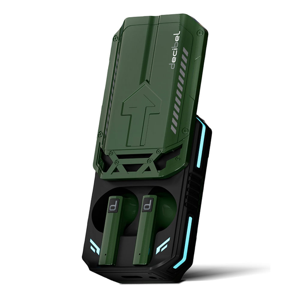 Audífonos bluetooth True Wireless Decibel Gamer resistente al agua IPX4, duración máx. 36 horas con estuche de carga, controles táctil, verde