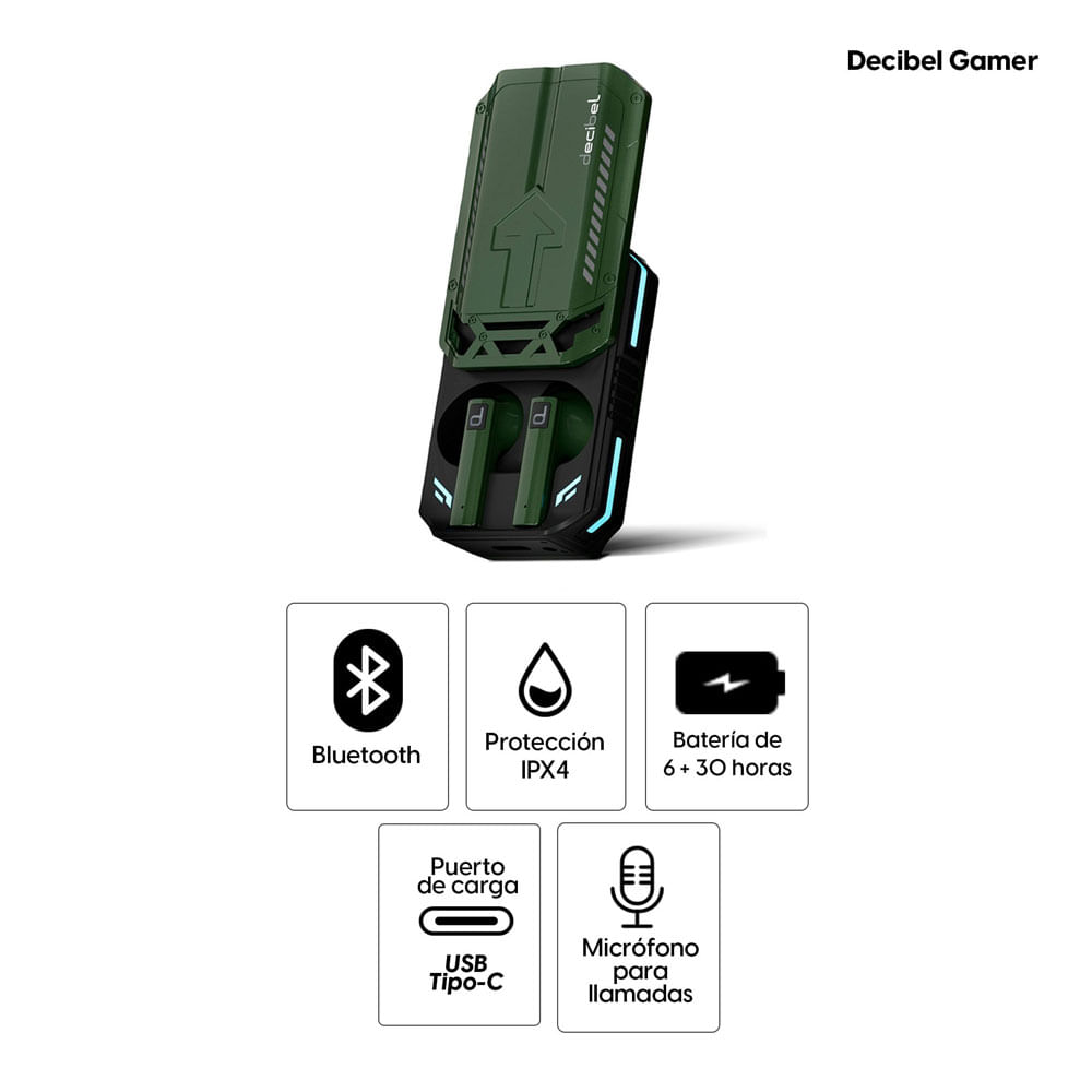 Imagen 2 del producto Audífonos bluetooth True Wireless Decibel Gamer, cancelación de ruido, resistente al agua IPX4, duración máx. 36 horas con estuche de carga, verde