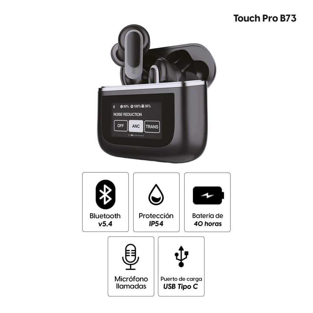 Imagen 2 del producto Audífonos bluetooth True Wireless Decibel Touch Pro cancelación de ruido, resistente al agua IPX4, duración máx. 40 horas con estuche de carga, negro