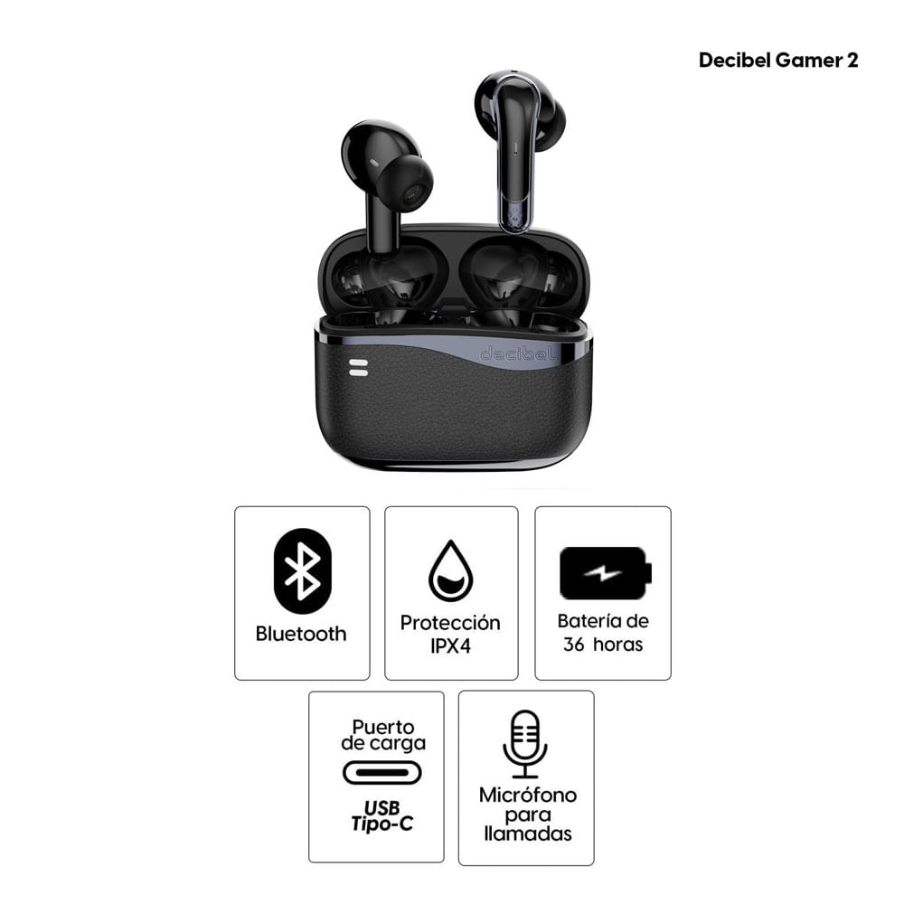 Imagen 2 del producto Audífonos bluetooth True Wireless Decibel Gamer 2 cancelación activa de ruido, resistencia IPX4, duración máx. 36 horas con estuche de carga, negro