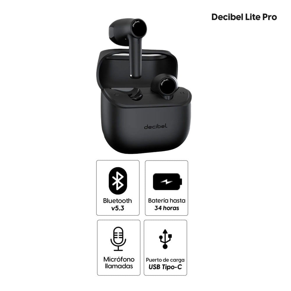 Imagen 2 del producto Audífonos bluetooth True Wireless Decibel Lite Pro duración máx. 34 horas, controles mediante botón, tipo C, negro