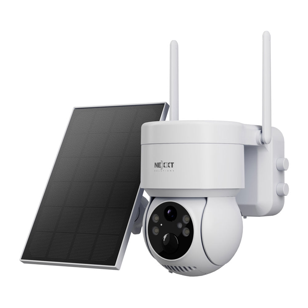Cámara de seguridad Nexxt PTZ 2K QHD, visión nocturna, detección humana, recargable, panel solar, Wi-Fi, compatible Alexa y Google Home, blanco