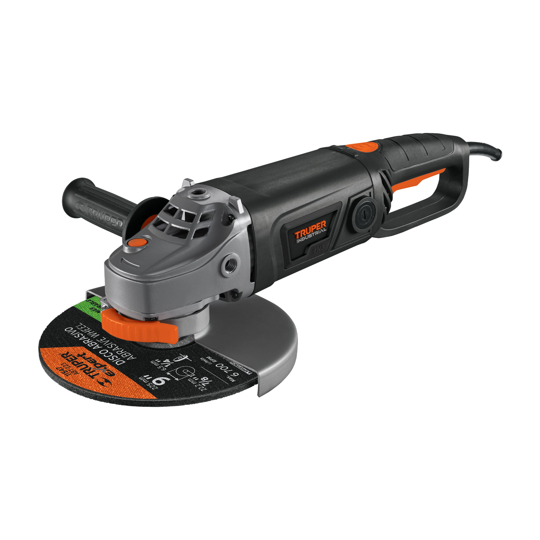 Amoladora industrial Truper, 9", 2000W, 220V, balero de bolas, mango ergonómico 3 posiciones, negro, con disco