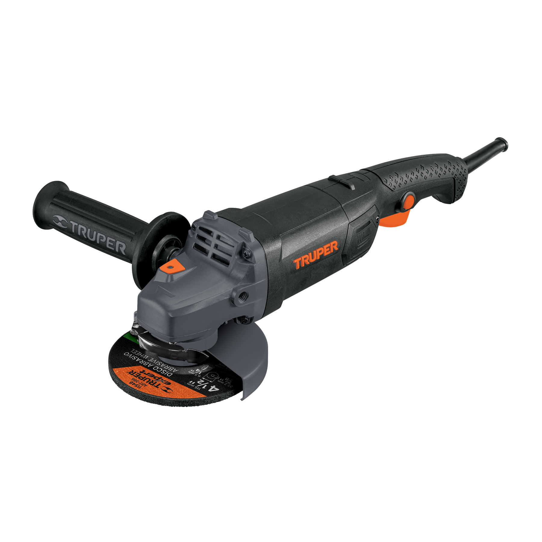 Amoladora industrial Truper, 4 1/2", 1250W, 220V, balero de bolas, mango 2 posiciones, negro, con disco