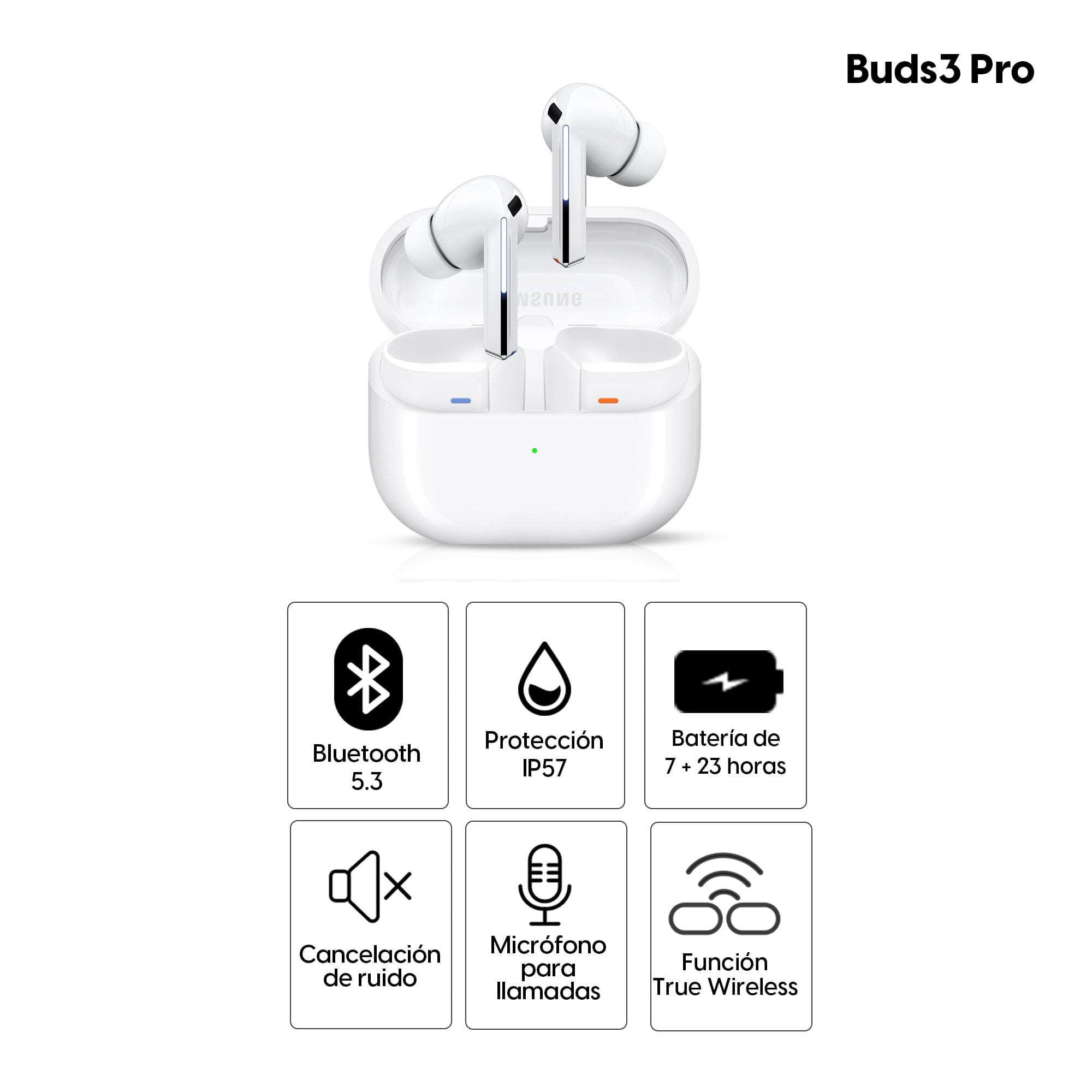 Imagen 2 del producto Audífonos bluetooth True Wireless Samsung Galaxy Buds 3 Pro cancelación de ruido, resistente IP57, duración máx. 30 horas con estuche de carga, blanco