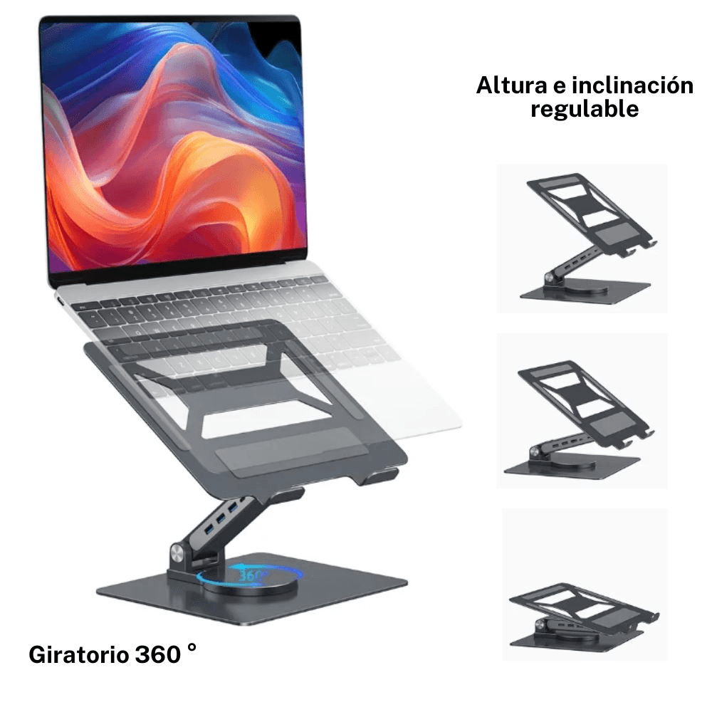 Imagen 2 del producto Soporte multifuncional para laptop 17"" Vilbon, giro 360°, 5 puertos USB, gris