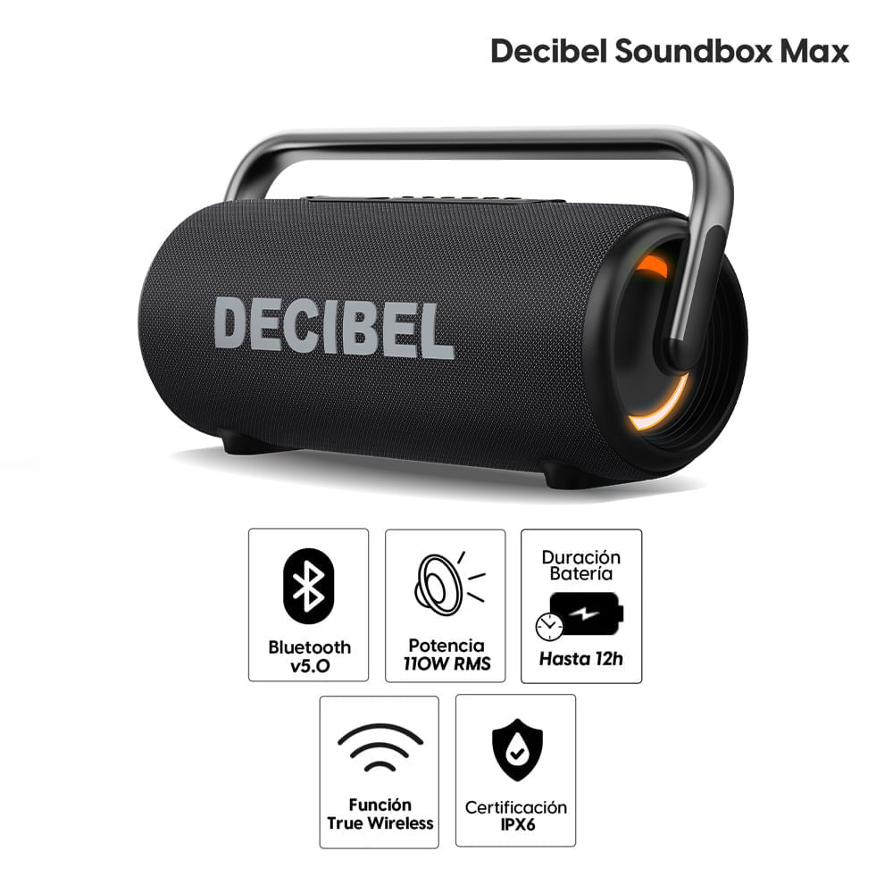 Imagen 2 del producto Parlante Bluetooth Decibel Soundbox Max 110W RMS, hasta 12 horas de duración, resistente al agua y al polvo IPX6, función Powerbank, negro
