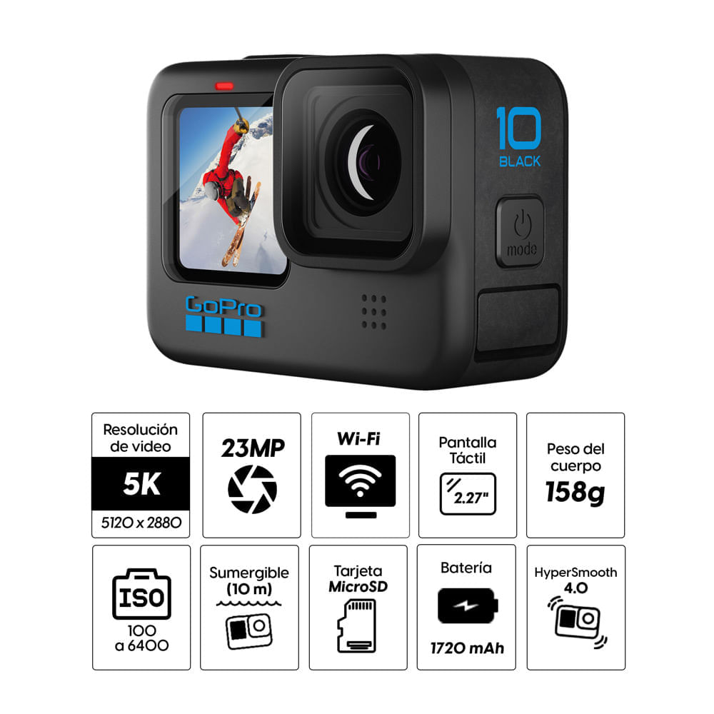 Imagen 2 del producto Cámara de acción GoPro Hero10 Black grabación en 5.3K, fotos de 23MP, 1720 mAh, 83min de batería, sumergible 10 metros, HyperSmooth 4.0