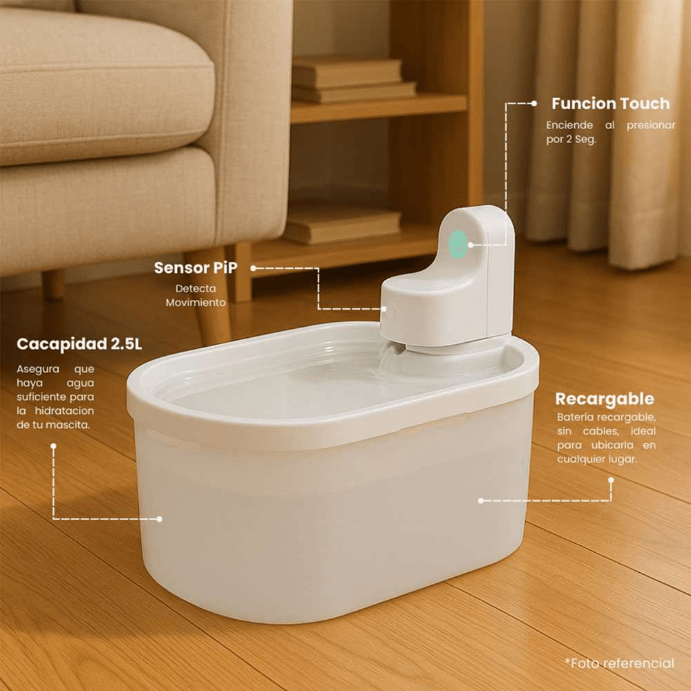 Imagen 2 del producto Dispensador de agua automático recargable para mascotas 2.5 litros, filtrado, recirculación cada 20 minutos