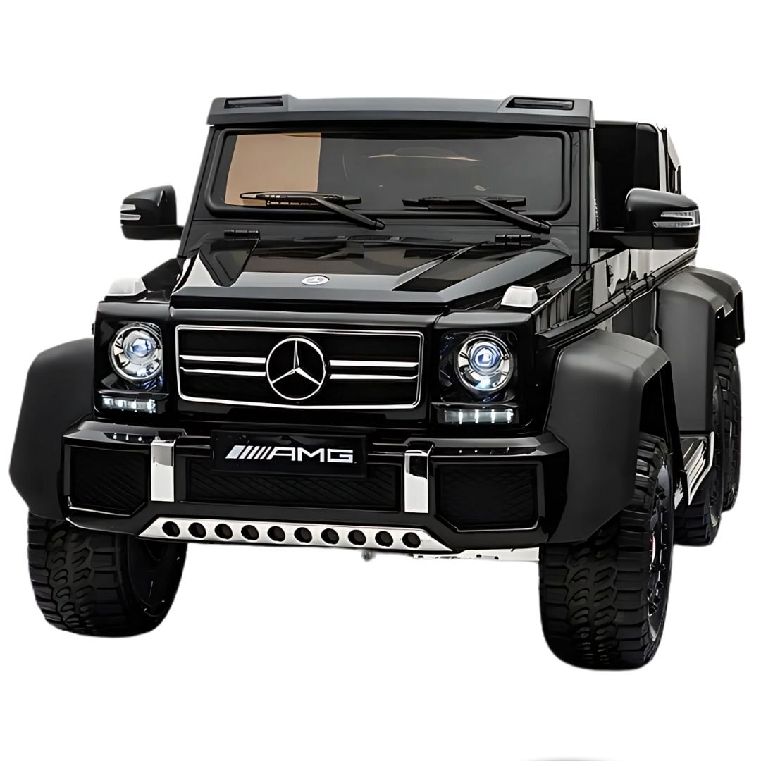 Carro a batería AMG 6x6 licenciado, luces led, pedal externo, pantalla mp4, negro