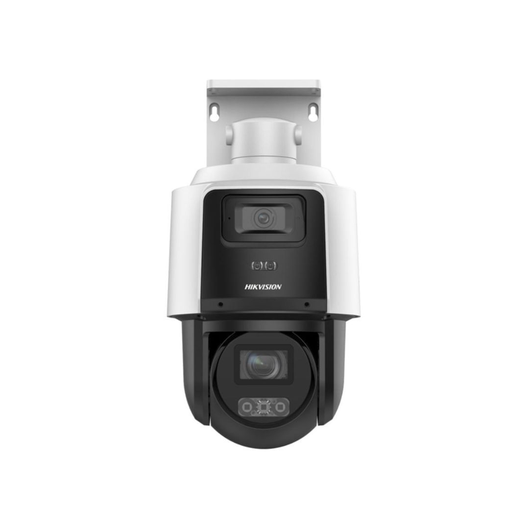 Cámara PTZ IP Hikvision TandemVu DS-2SE3C404MWG-E/14, 4MP+4MP, Zoom 4X, detección inteligente, blanco