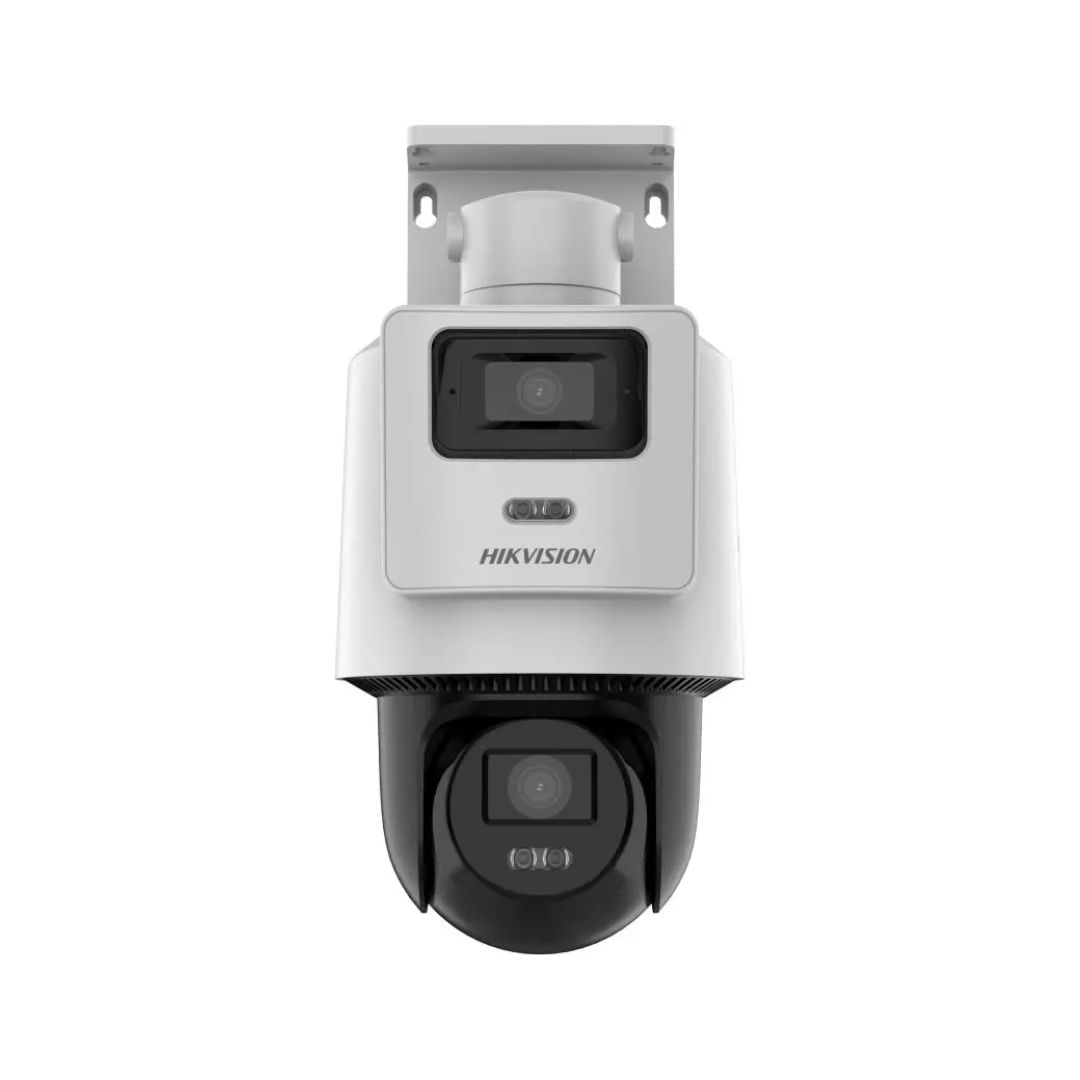 Cámara PT IP Hikvision TandemVu DS-2SE2C400MWG-E/14, 2MP+2MP, audio bidireccional, PoE, IP66, blanco