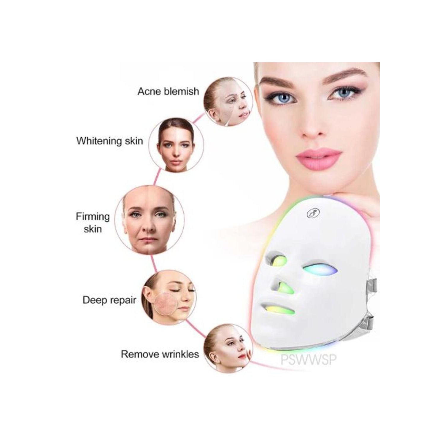 Imagen 2 del producto Máscara facial LED rejuvenecedora 7 colores blanco, diseño ergonómico, gel de sílice médico