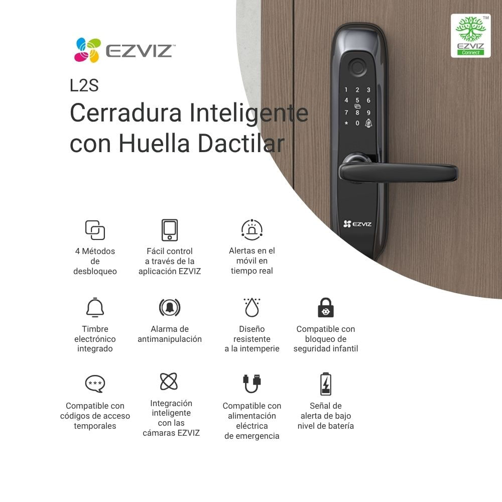 Imagen 2 del producto Cerradura inteligente Ezviz L2S, desbloqueo por huella dactilar, código PIN, negro