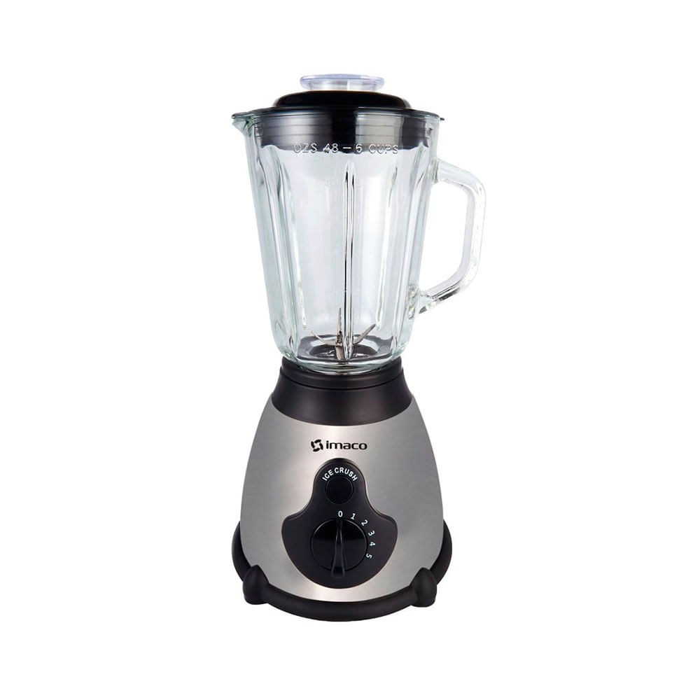 Licuadora Imaco BLS509, 1.5 litros vaso de vidrio, 450W, 6 cuchillas, pica hielo, plateado