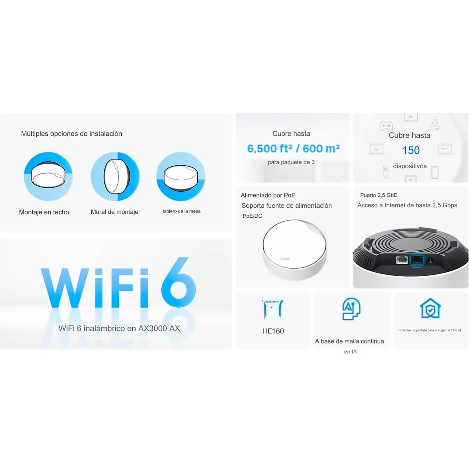 Imagen 2 del producto TP-Link Deco X50-PoE, WiFi 6, sistema mesh, AX3000, HomeShield, 3 Pack, red doméstica, multigigabit