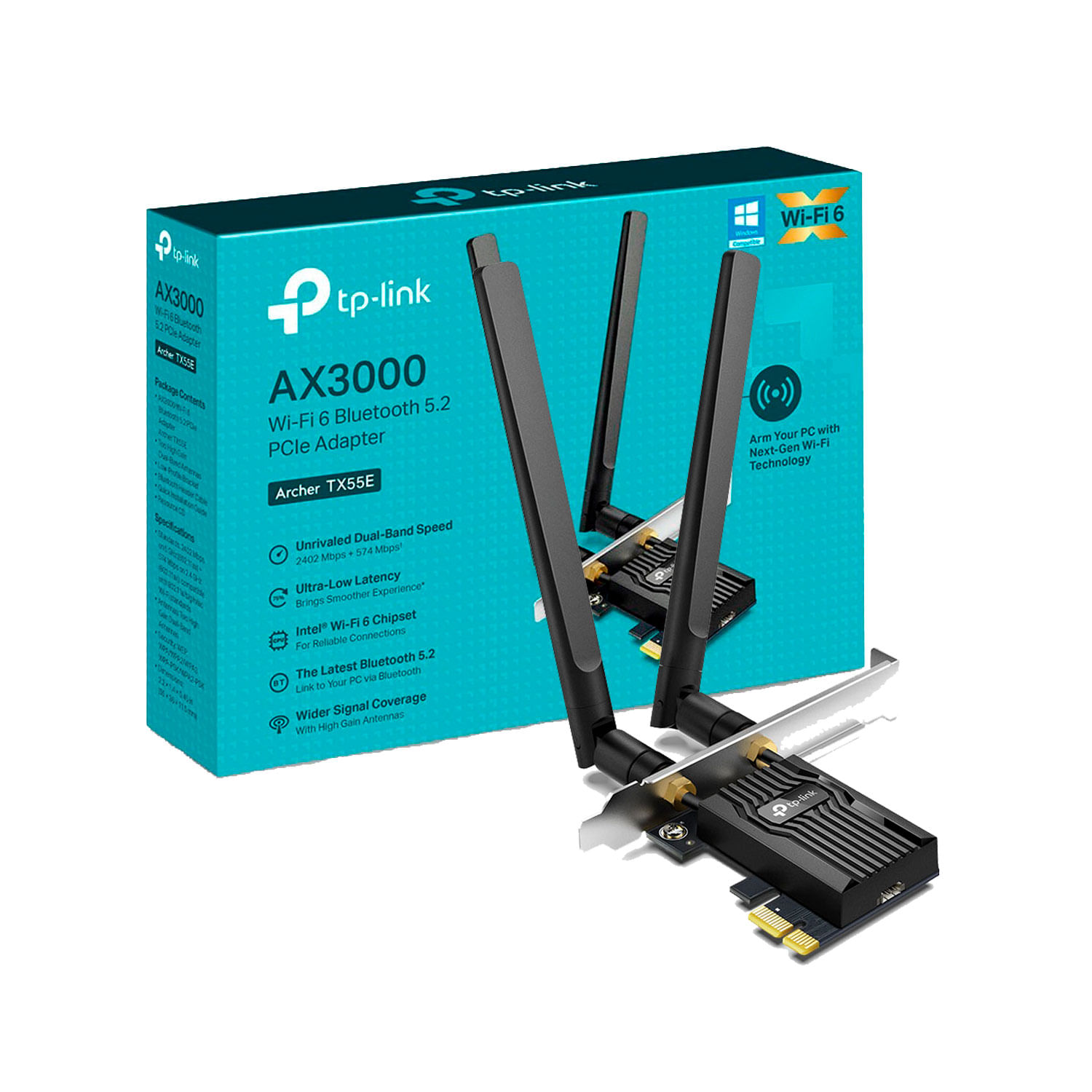 TP-Link TX55E, Wi-Fi 6, adaptador PCIe, Bluetooth 5.2, AX3000, Windows 10, perfil bajo