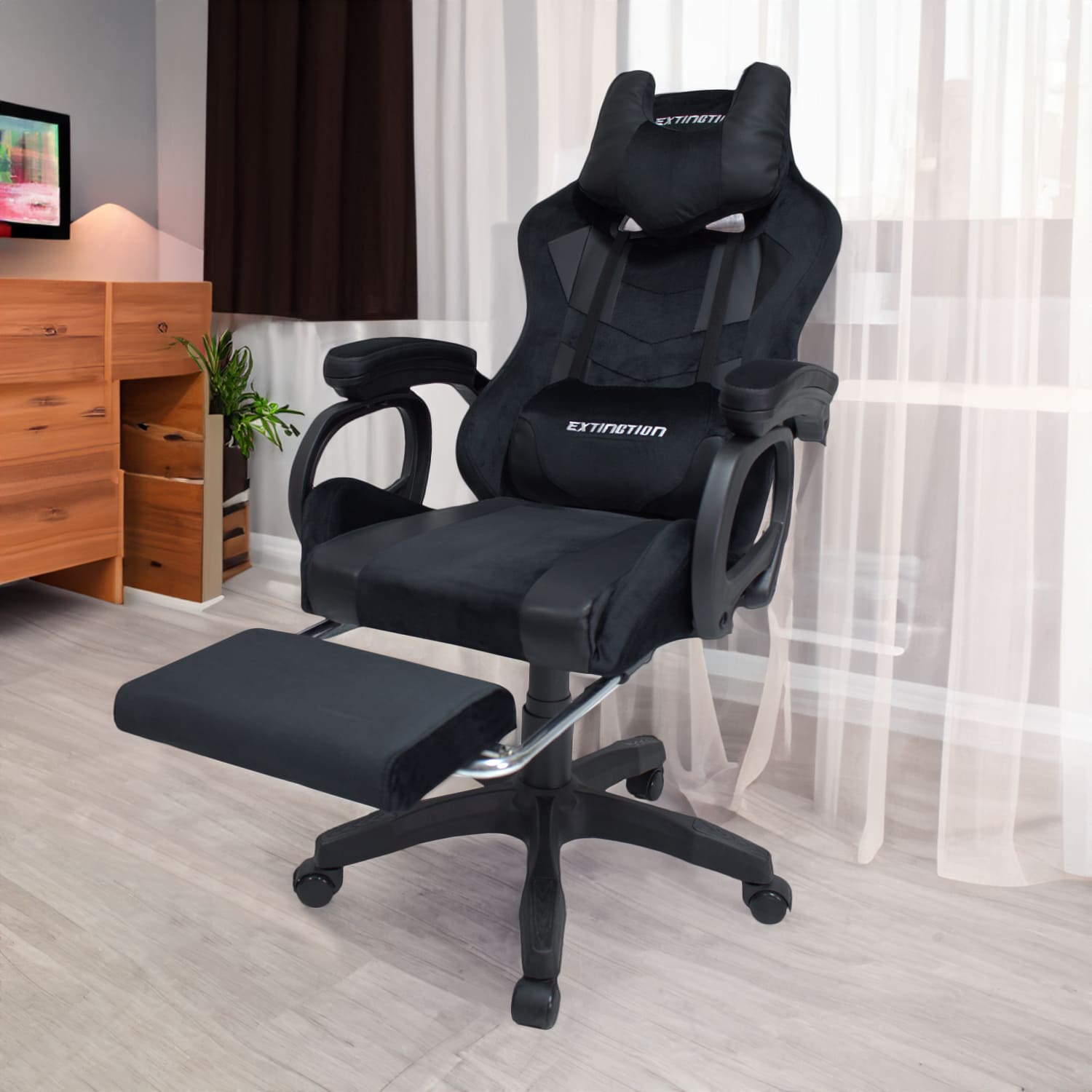 Imagen 2 del producto Silla gamer Extingtion Sapp reclinable 135°, reposapiés, gamuza y cuerina, negro