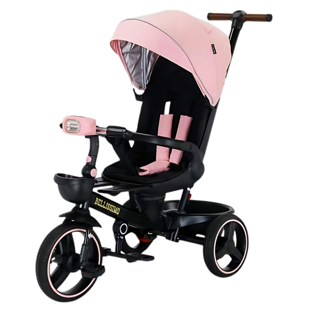 Triciclo guiador plegable Bellisimo, diseño italiano, asiento ergonómico, luces LED, barra de seguridad