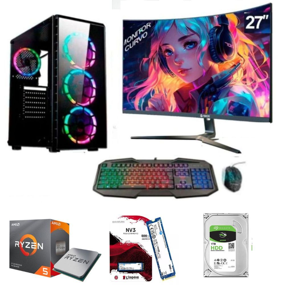 PC gamer AMD Ryzen 5-5600GT + 16GB RAM + Disco 1TB + 500GB SSD + Monitor 27" + FreeDos + Case gamer